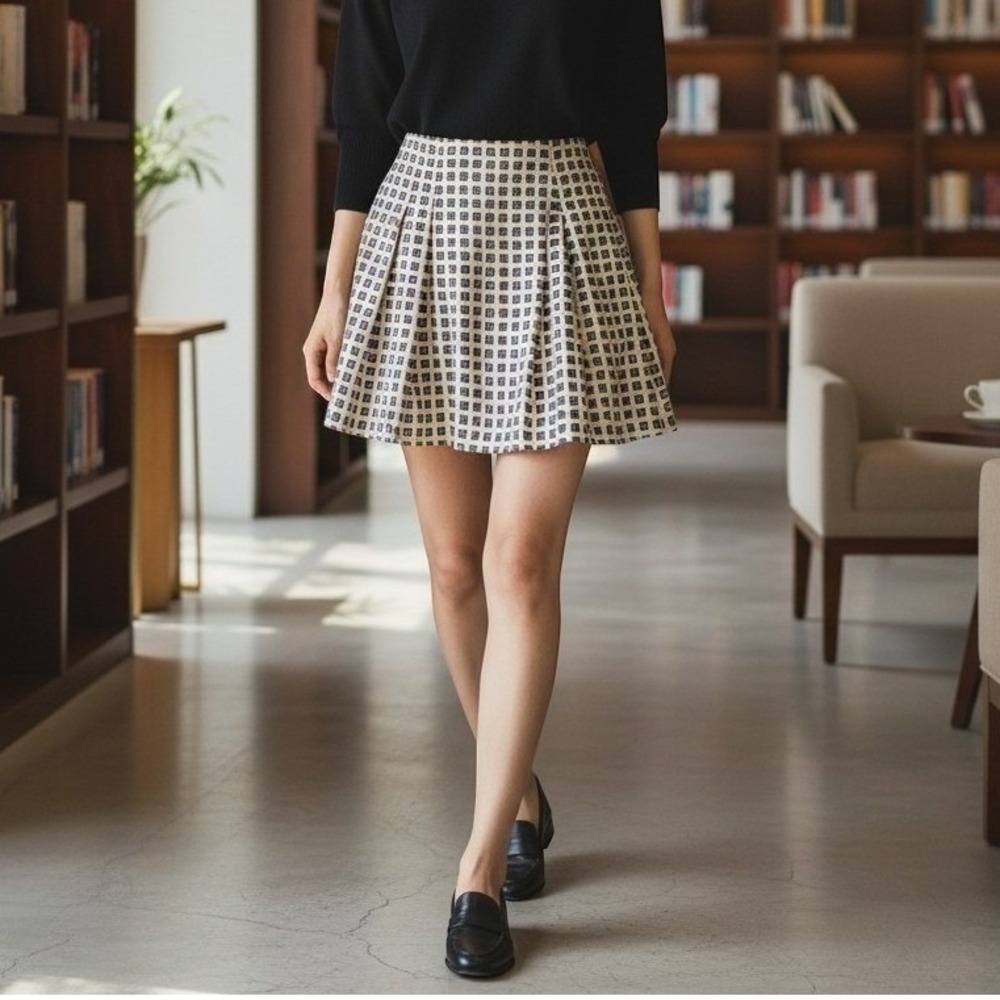 New J.Crew Pleated Mini Skirt Womens 8 Cream Brown Viscose A-Line Preppy Office